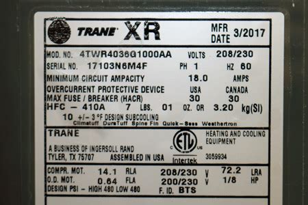 Below you will find a partial explanation of the alphanumeric identification code (aka Model Number Nomenclature). . Trane model number 4twr4036g1000aa